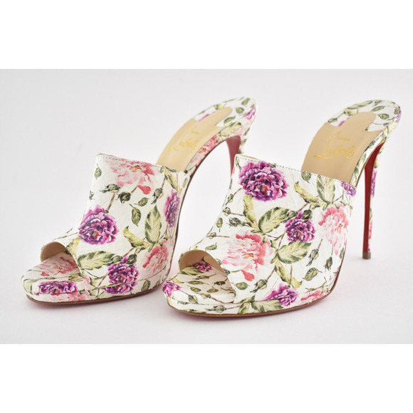 Christian Louboutin Pigamule 120 White Pink Floral Mule Sandal Heel Pump 36.5 - Picture 9 of 12